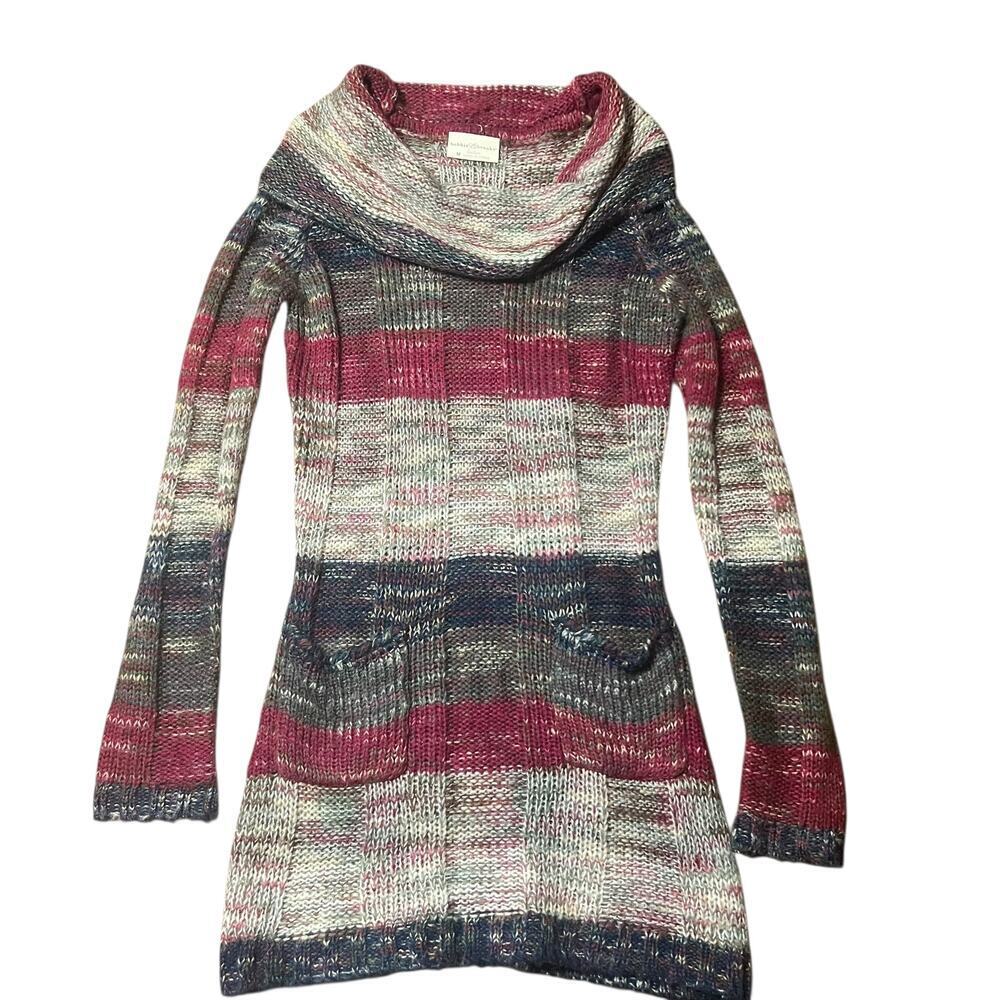Bobbie Brooks Fold Over Cowl Neck Striped Knit Sweater Dress Size Medium